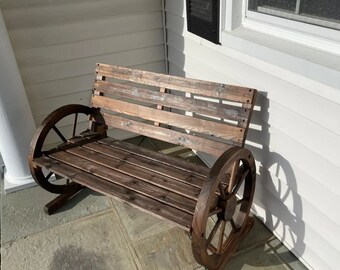 Wagon Wheel Bench - Rustic Garden Bench - Patio Wooden Bench