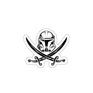 May include: Black and white illustration of a Star Wars clone trooper helmet with two crossed swords behind it.