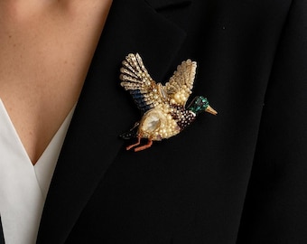 Handmade Duck Brooch, Austrian Crystal Embroidered Bird Pin, Artistic Boho Couture Animal Jewelry, Unique Gift for Mom
