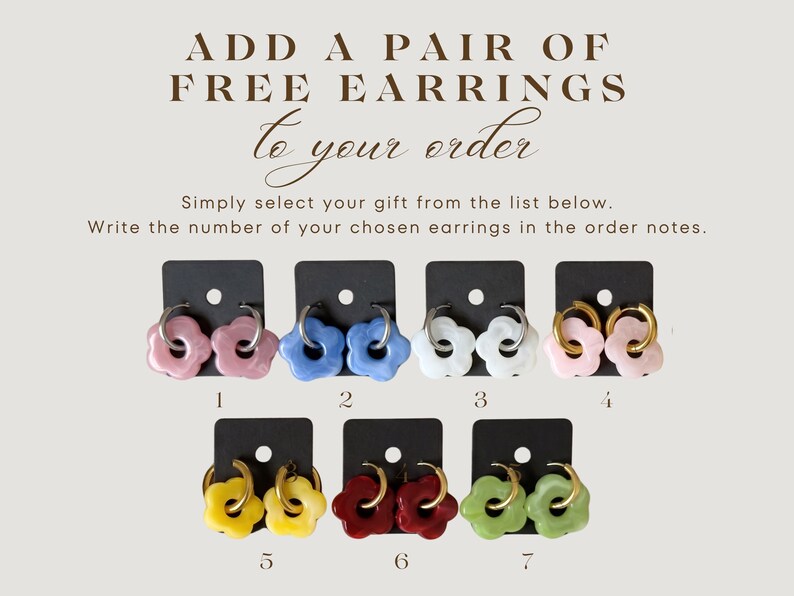May include: Image of seven pairs of flower-shaped earrings in various colors, including pink, blue, white, yellow, red, and green. Each pair is displayed on a black card with a number. The text "ADD A PAIR OF FREE EARRINGS to your order" is at the top.