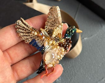 Handmade Duck Brooch with Austrian Crystals, Embroidered Bird Pin, Artistic Couture Animal Jewelry