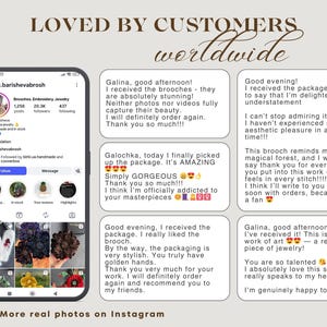 May include: A digital graphic featuring the text LOVED BY CUSTOMERS worldwide at the top. On the left, a smartphone displays an Instagram profile for g.barishevabrosh with jewellery photos. On the right, five text boxes contain customer reviews.