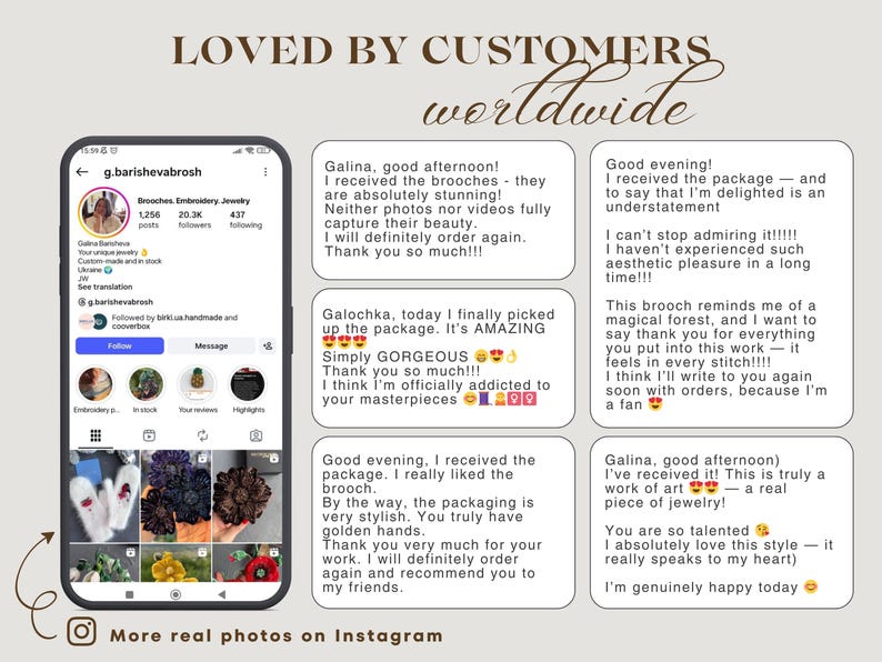 May include: A digital graphic featuring the text LOVED BY CUSTOMERS worldwide at the top. On the left, a smartphone displays an Instagram profile for g.barishevabrosh with jewellery photos. On the right, five text boxes contain customer reviews.