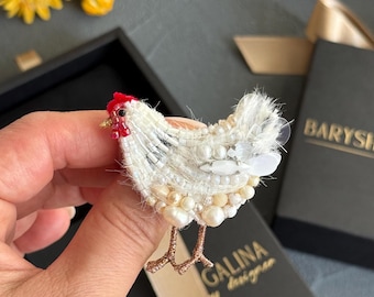 White Chicken Brooch, Handmade Animal Pin, Unique Designer Jewelry, Cute Statement Brooch, Gift for Her