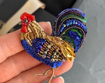 Rooster Brooch, Bead Embroidered Bird Pin, Luxurious Animal Jewelry, Unique Statement Brooch for Jacket, Gift for Bird Lover