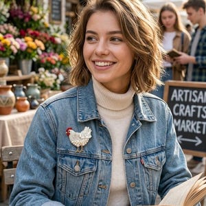 May include: A white chicken brooch with a red comb and gold legs pinned to a blue denim jacket. The jacket is worn over a cream-coloured turtleneck sweater. The ensemble includes a multi-layered brown leather bracelet and silver rings with turquoise stones.