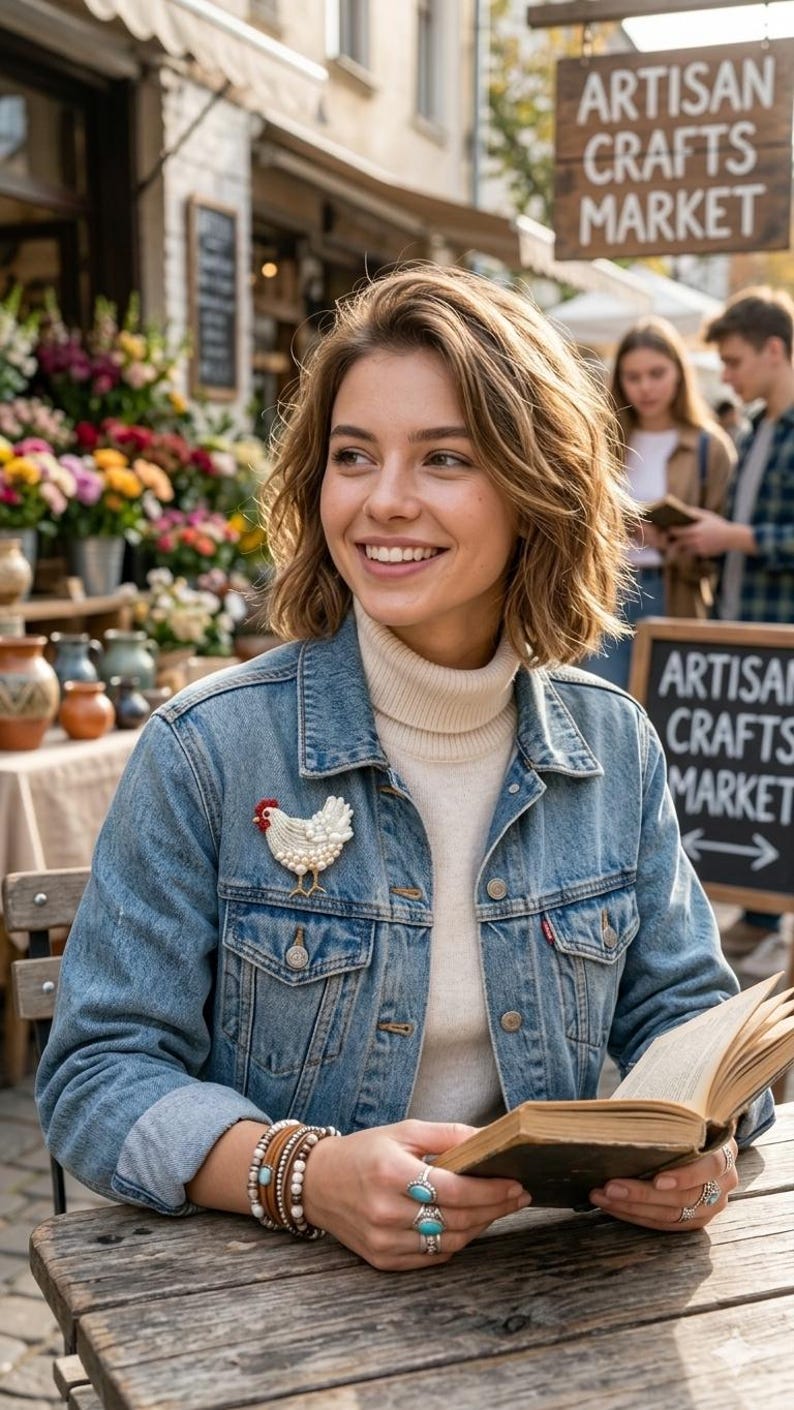 May include: A white chicken brooch with a red comb and gold legs pinned to a blue denim jacket. The jacket is worn over a cream-coloured turtleneck sweater. The ensemble includes a multi-layered brown leather bracelet and silver rings with turquoise stones.
