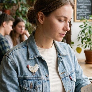 May include: A light blue denim jacket featuring a small, white, embroidered chicken brooch with a red comb and yellow feet pinned to the chest. The jacket is worn over a cream-coloured ribbed sweater, and the wrist is adorned with a beaded bracelet.
