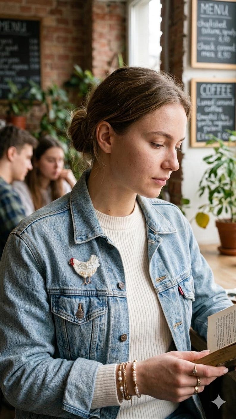 May include: A light blue denim jacket featuring a small, white, embroidered chicken brooch with a red comb and yellow feet pinned to the chest. The jacket is worn over a cream-coloured ribbed sweater, and the wrist is adorned with a beaded bracelet.