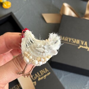 White Chicken Brooch, Handmade Animal Pin, Unique Designer Jewelry, Cute Statement Brooch, Gift for Her image 12