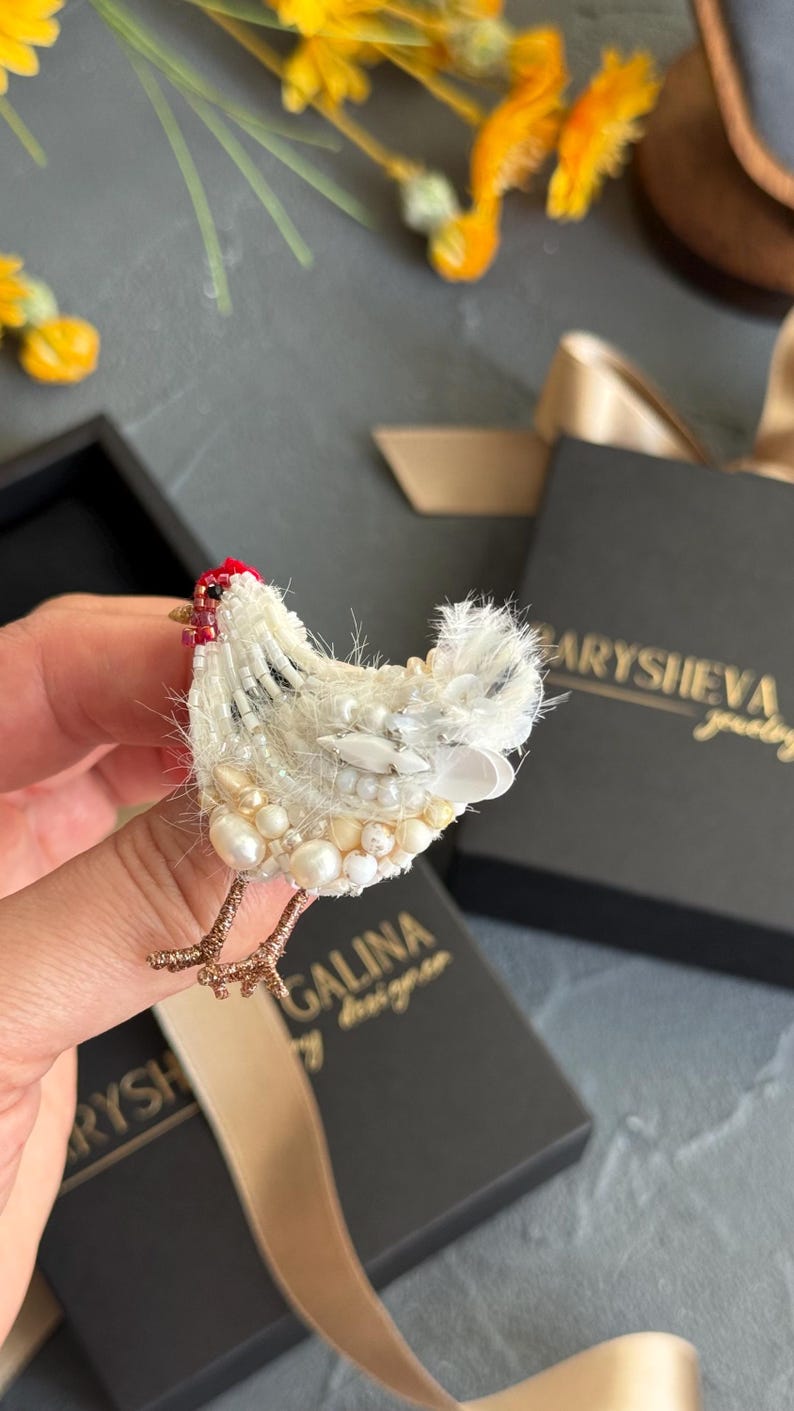White Chicken Brooch, Handmade Animal Pin, Unique Designer Jewelry, Cute Statement Brooch, Gift for Her image 12