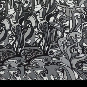 Peut inclure: Un dessin à l'encre noir et blanc présentant un motif dense et répétitif de formes organiques abstraites interconnectées, de lignes courbes et de multiples motifs d'yeux stylisés qui remplissent tout le cadre d'une composition complexe.
