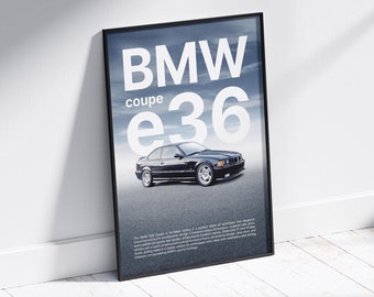 BMW E36 クーペのポスター、90年代ドイツ車アート（デジタルダウンロード）