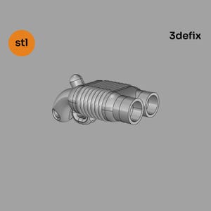 May include: A 3D model of a futuristic double-barreled pistol with a ribbed barrel. The model is in a gray color and is rendered in a 3D modeling software.
