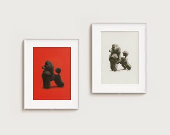 黒犬プードルの赤い絵のヴィンテージポスター、ミニマリストなボヘミアンアートプリント（デジタルダウンロード）