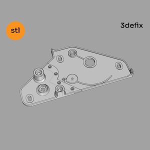 以下が含まれることがあります： 複雑なデザインの3Dプリントパーツで、複数の穴と湾曲した表面があります。パーツには「stl」と「3defix」のラベルが貼られています。