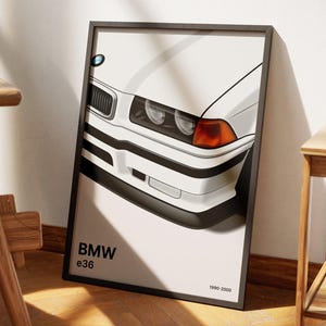 May include: A white BMW e36 car with a black bumper and black trim around the headlights. The car is shown from the front, with the headlights and grille visible. The text "BMW e36 1990-2000" is printed below the car.