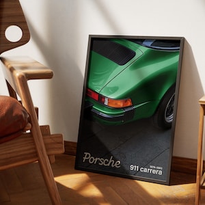 May include: A poster featuring a green Porsche 911 Carrera with the text "Porsche 911 carrera 1973-1983" printed below the image.