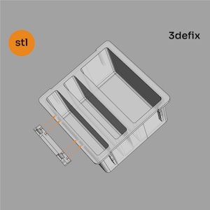 Op de afbeelding: Een 3D-geprinte organizer met drie compartimenten. De organizer is gemaakt van wit plastic en heeft een grijze omtrek. De organizer is ontworpen om te worden gebruikt met een 3D-printer. De tekst "stl" en "3defix" is zichtbaar in de afbeelding.