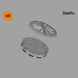 以下が含まれることがあります： 黒とグレーのデザインの3Dプリントされたホイールカバー。カバーは2つの部分に分かれており、上部はホイールのスポークが見える。画像には「stl」と「3defix」の文字が表示されています。