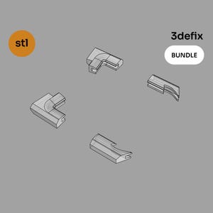 Könnte beinhalten: Eine Illustration von mehreren grauen 3D-gedruckten Eck- und Kantenteilen. Das Wort "stl" befindet sich in einem orangefarbenen Kreis oben links. Der Text "3defix" und "BUNDLE" befindet sich oben rechts.