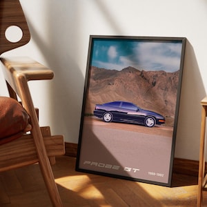May include: A black Ford Probe GT poster with a blue sky and desert mountain background. The car is driving on a dirt road. The poster has the text "PROBE GT 1989-1992".