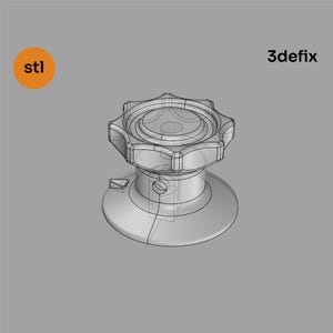 Può includere: Una manopola meccanica grigia renderizzata in 3D, con una parte superiore a forma di stella e una base circolare. La manopola ha un design dettagliato, simile a un reticolo. Il testo "stl" è in un cerchio arancione in alto a sinistra e "3defix" in alto a destra.