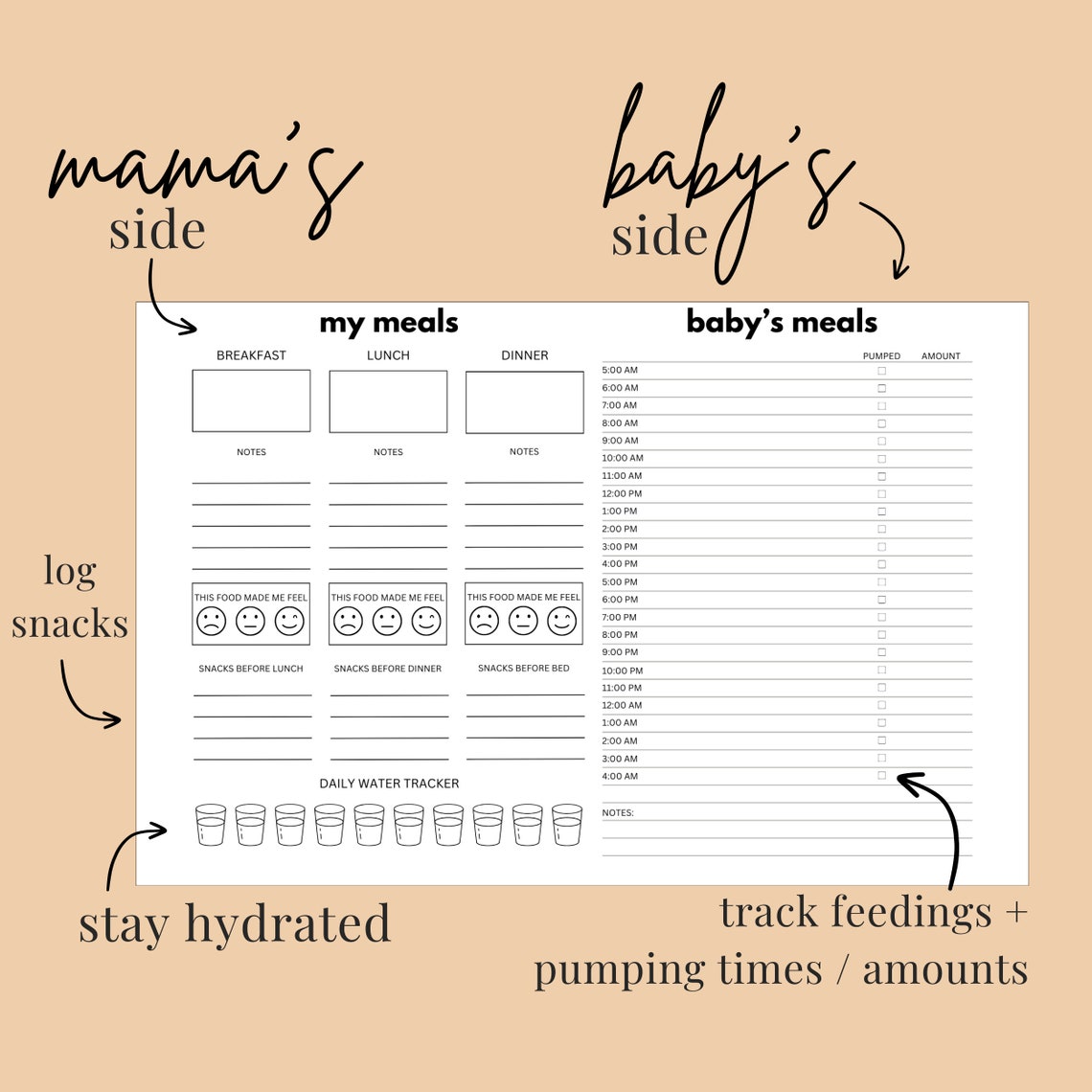 Printable Mama Baby Meal Tracker / Newborn Tracker / Pumping Log / Food
