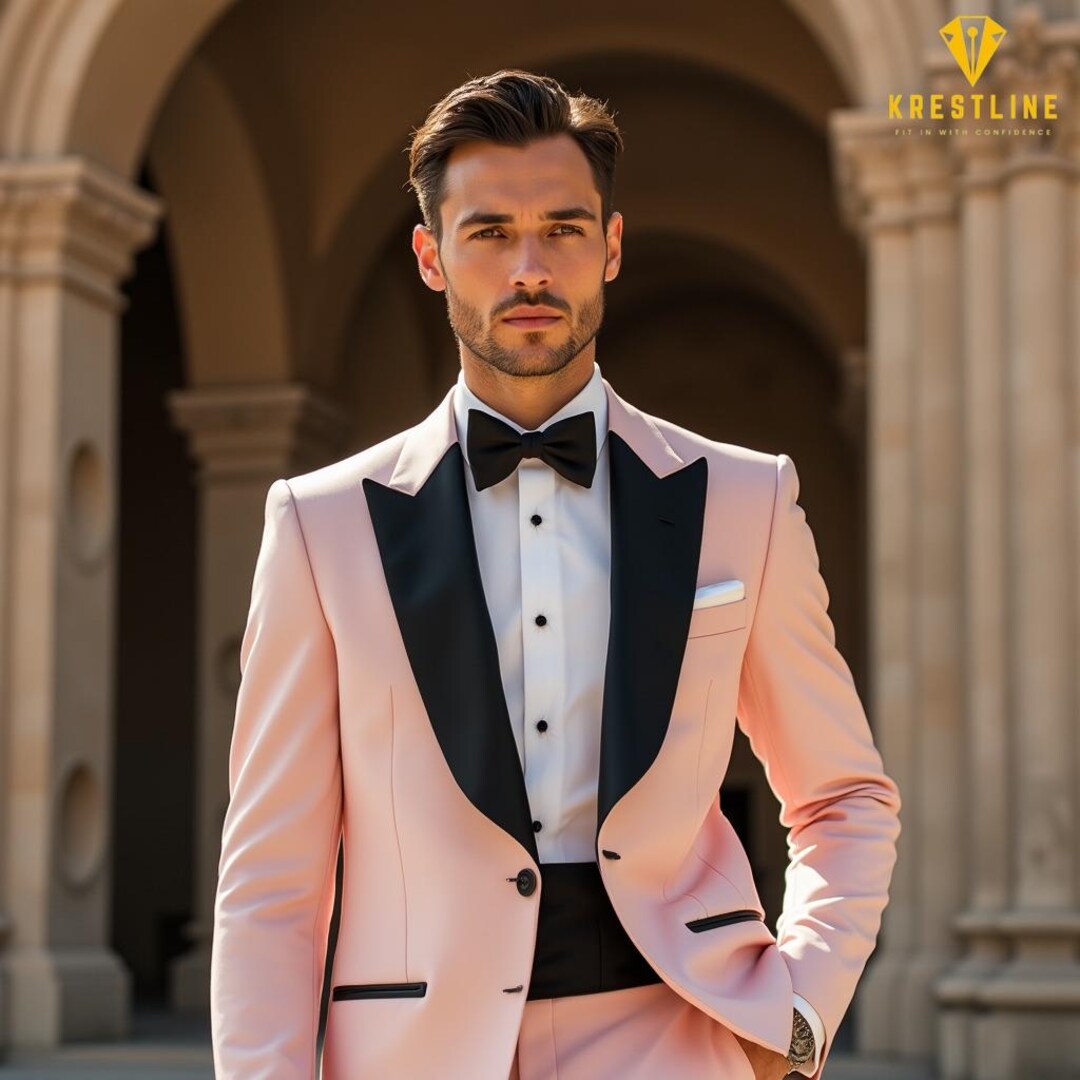 Dusty Rose Pink Tuxedo for Men – One Button Satin Lapel Wedding Prom Suit with Bow Tie