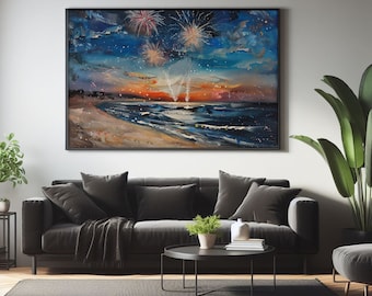 Abstract Beach Fireworks Impasto Painting, Independence Day Art (Digital Print)