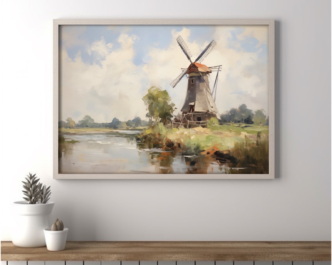Traditional Vintage Painting of Windmill on a Rustic Landscape by a ...