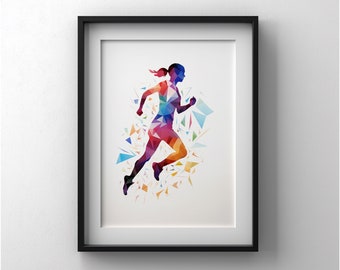 Può includere: Stampa artistica incorniciata raffigurante una figura in corsa in stile geometrico. Il corridore è composto da forme triangolari colorate, rosse, blu, gialle e verdi, su sfondo bianco. La cornice è nera.