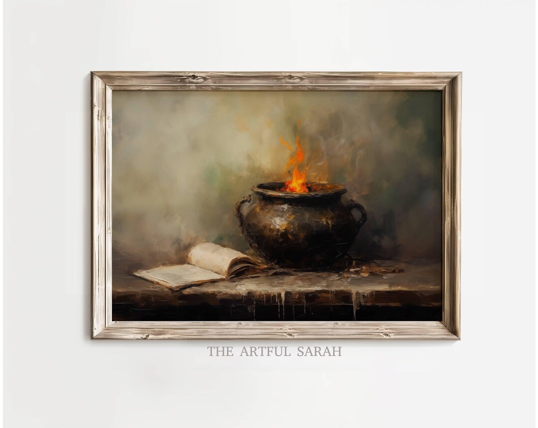 Vintage Halloween Witch Cauldron Art Print, Rustic Spell Book (digital ...