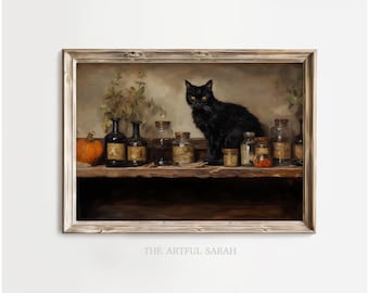 Black Cat Potion Painting – Vintage Halloween Art Print (Digital Download)