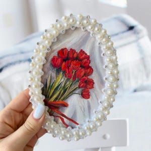 Tulipes originales peintes à la main, petite oeuvre d'art, cadeau de pendaison de crémaillère, cadre perlé, petite peinture encadrée, mini peinture, cadeau d'art pour elle