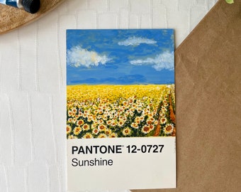 Origineel geschilderd Pantone-zonnebloemenveldkunstwerk - Unieke handgeïllustreerde kunst, A6-formaat