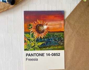 Origineel geschilderd Pantone zonnebloem ansichtkaart artwork - unieke hand geïllustreerde kunst, A6-formaat