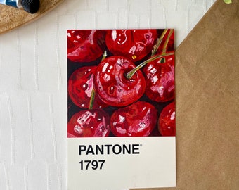 Origineel geschilderd Pantone Cherry-ansichtkaartkunstwerk - unieke handgeïllustreerde kunst, A6-formaat