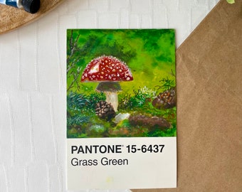 Origineel geschilderd Pantone Fly Agaric-kunstwerk - unieke handgeïllustreerde kunst, A6-formaat