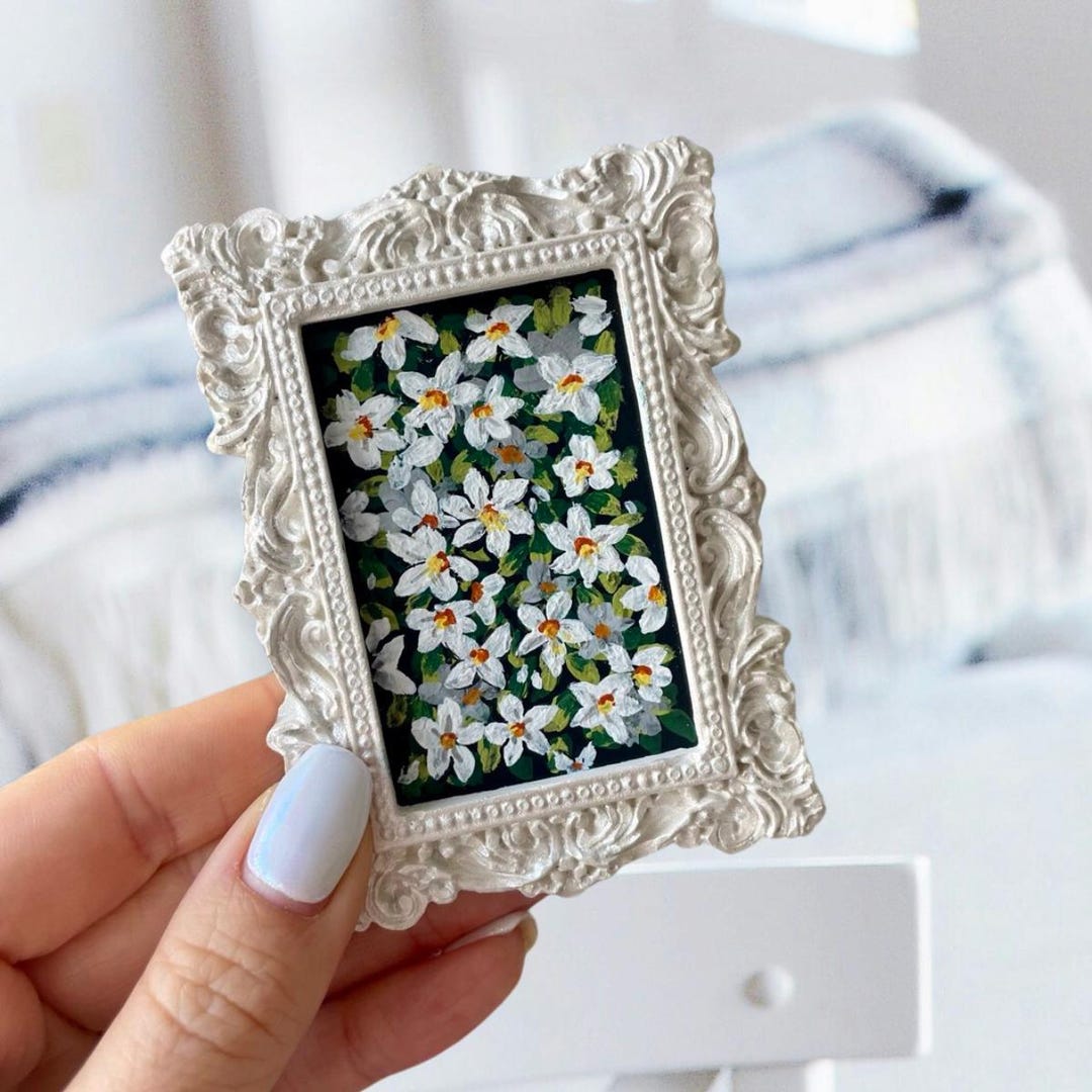 Miniature Painting, Plaster Framed Painting, White Flowers Painting ...