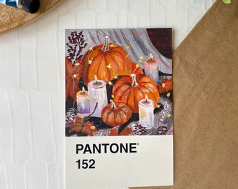 Origineel geschilderd Pantone Pumpkins-ansichtkaartkunstwerk - unieke handgeïllustreerde kunst, A6-formaat