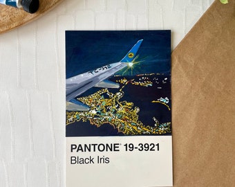 Origineel geschilderd Pantone Plane-ansichtkaartkunstwerk - unieke handgeïllustreerde kunst, A6-formaat