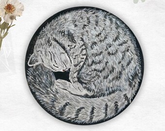 Original Gouache Painting, Sleeping Cat Art, Round Canvas (4.7 inch)