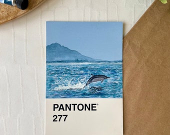 Origineel geschilderd Pantone Dolphin-ansichtkaartkunstwerk - unieke handgeïllustreerde kunst, A6-formaat