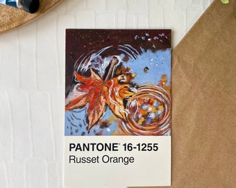 Origineel geschilderd Pantone herfstbriefkaartkunstwerk - unieke handgeïllustreerde kunst, A6-formaat