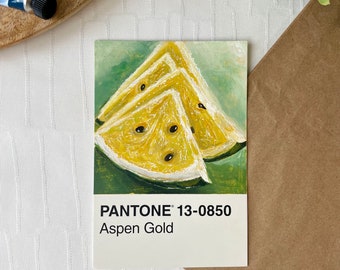 Origineel geschilderd Pantone watermeloen ansichtkaart artwork - unieke hand geïllustreerde kunst, A6-formaat