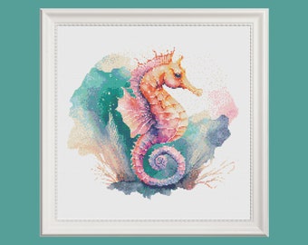 Seahorse Watercolor Cross Stitch Pattern, Sea Life (Digital Download)