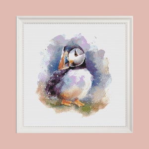 Puffin watercolour cross stitch pattern, chart, embroidery, animals, wild birds, seaside birds, cute animals, pdf instant download