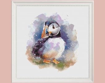 Puffin Watercolor Cross Stitch Pattern, Seaside Bird Embroidery (PDF Pattern)