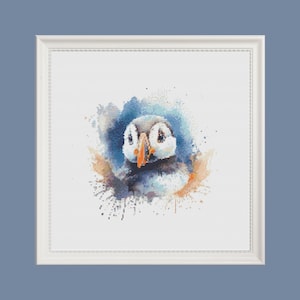 Puffin watercolour cross stitch pattern, chart, embroidery, animals, wild birds, seaside birds, cute animals, pdf instant download